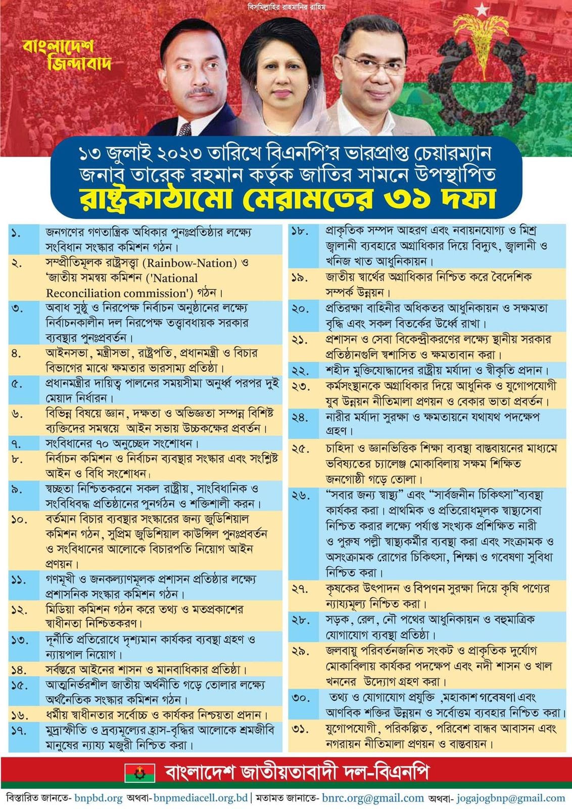 বিএনপির ঘোষিত রাষ্ট্রকাঠামো মেরামতের ৩১ দফা